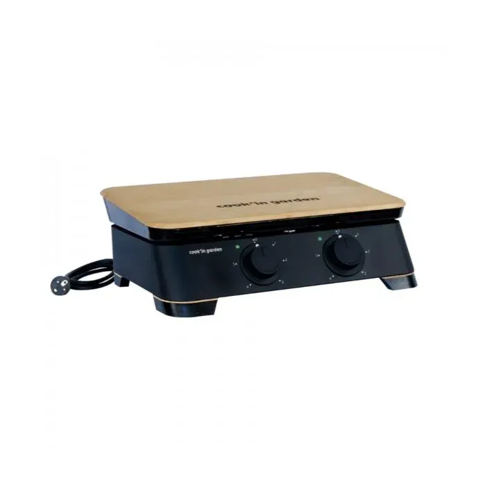 Plancha électrique - COOK IN GARDEN - DUNE 60 - 2500W - Plaque fonte émaillée - Capot bambou convertible