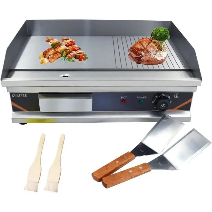 Plancha électrique - DULNICE - 3000W - Inox - Surface semi-plate et rainurée - Facile à nettoyer
