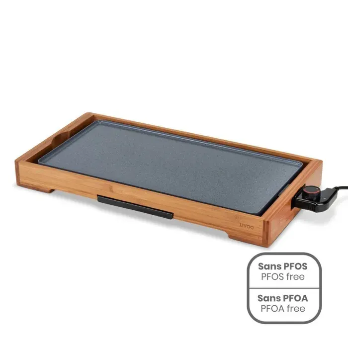 Plancha électrique - LIVOO - design bambou - 2200W - double zones lisse & rainurée - revêtement céramique antiadhésif