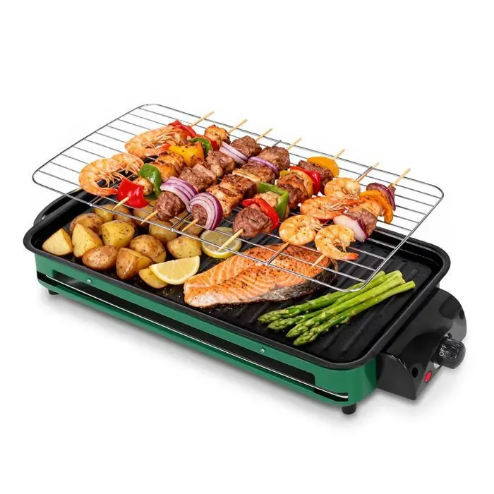 Plancha électrique Multifonction avec Thermostat Réglable Lèchefrite Plaque antiadhésive et Grille BBQ Métallique - 46*22cm
