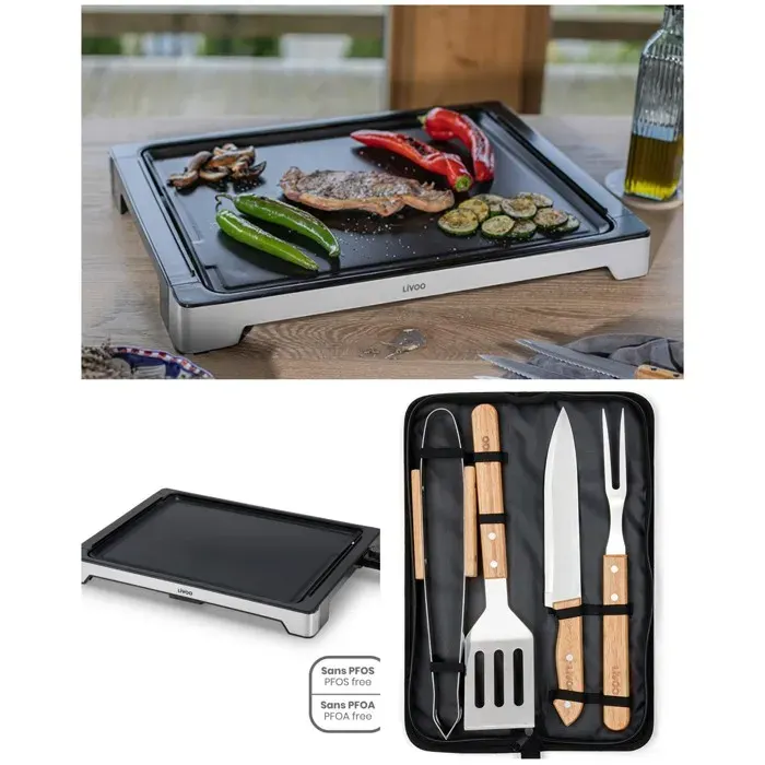 Plancha GRILL électrique - LIVOO - 2000W - Revêtement antiadhésif - Bac récupérateur de graisse - 47x37 cm