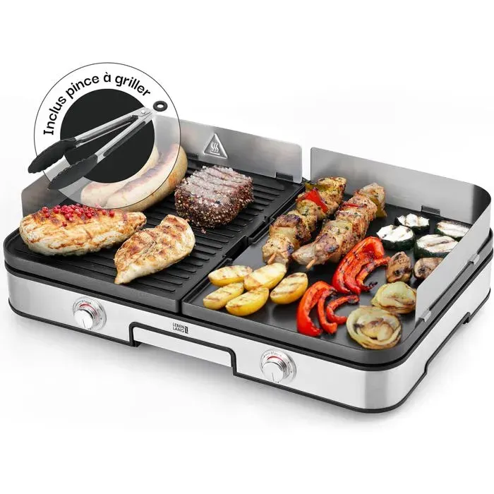 Plancha Grill Électrique XXL 2400W Inox Avec Pince Barbecue Et Protection Anti-Éclaboussures Pour Intérieur Et Extérieur