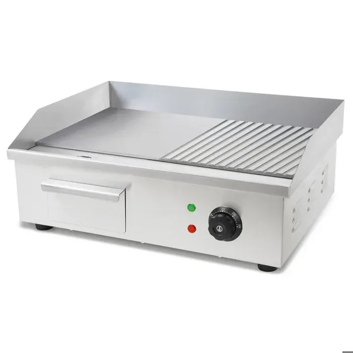 Plancha Professionnelle - VERTES - 3000W - Inox - Surface de Gril Lisse & Rainurée 55x35cm - Thermostat - Température 50-300°C