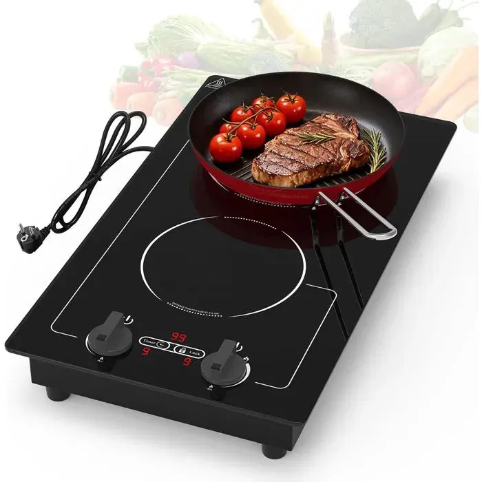 Plaque À Induction 2 Feux 220V 3000W Écran Tactile LED 9 Niveaux Sécurité Enfant Minuterie Protection Surchauffe Molette