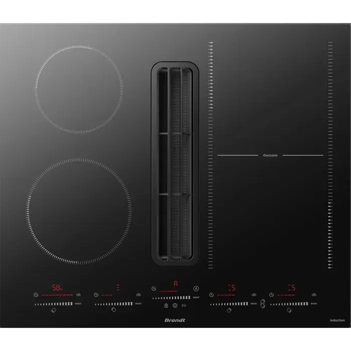 Plaque à induction avec hotte intégrée - Brandt - BPI5602BH - DuoZone Flexible - Commandes par curseurs individuels