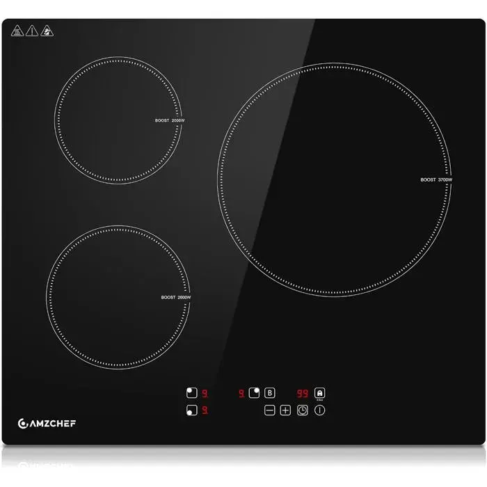 Plaque à induction - LEHRING - 3 foyers - 7400W total (Boost 3700W) - Vitrocéramique noire - Minuteries 1–99 min
