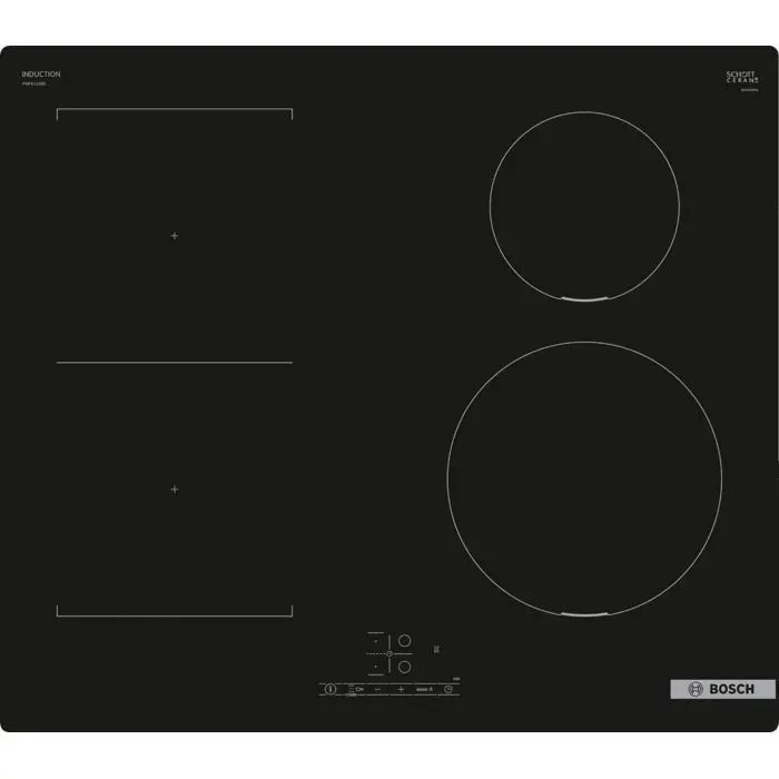 Plaque à induction noire - Bosch - 4 zones à induction - Commande tactile - Vitrocéramique - Sans bordures - Face avant