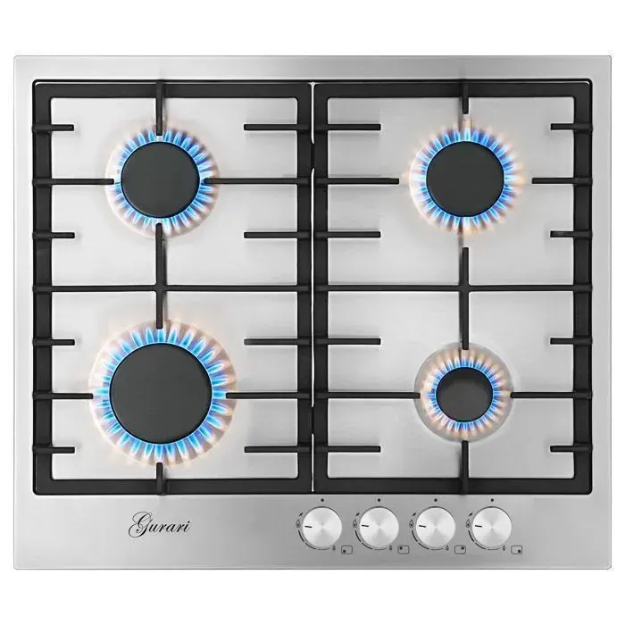 Plaque de cuisson à gaz 60 cm Gurari GCH FB 604 Table de cuisson gaz Acier inoxydable • Plaque gaz encastrable 4 foyers • WOK 40 kW