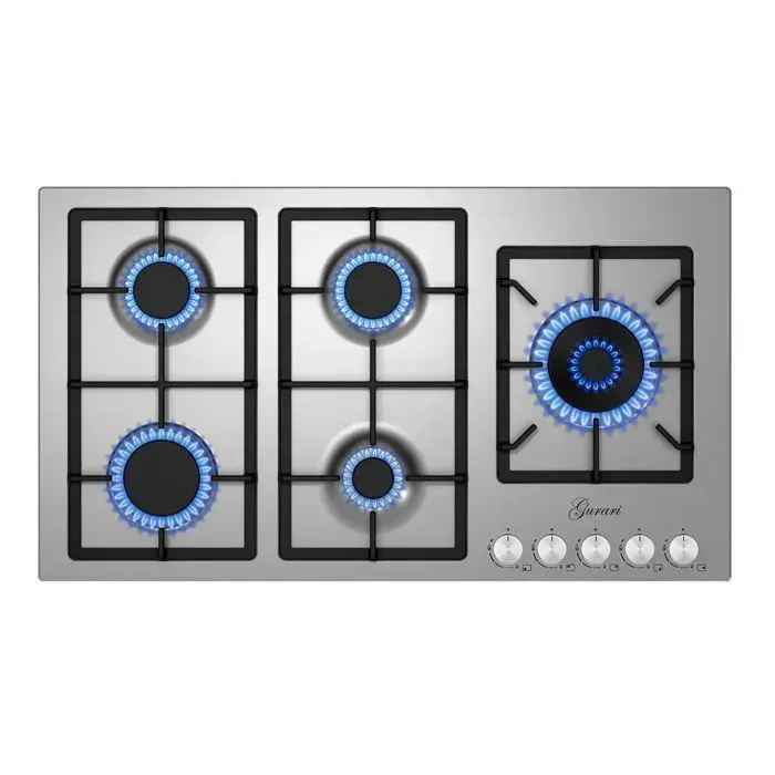 Plaque de cuisson à gaz 90 cm Gurari FQ 905 • 5 foyers • Acier inox • Wok 40 kW • Grilles en fonte • Gaz naturel/GPL • Encastrable
