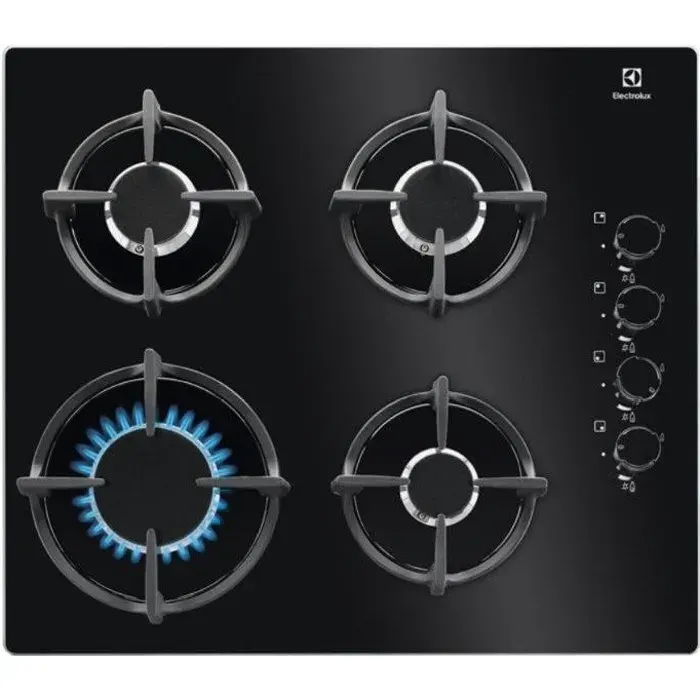 Plaque de cuisson à gaz - Electrolux - EGG6407K - Verre trempé - Allumeur intégré - Grilles en fonte