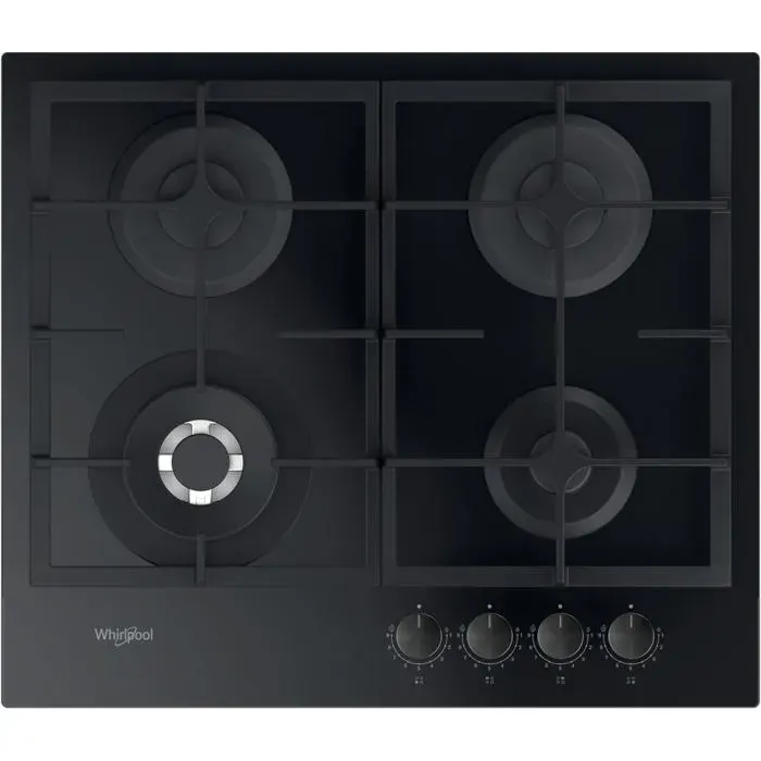 Plaque de cuisson à gaz noire en verre trempé - Whirlpool - 4 brûleurs - Supports de casseroles en fonte
