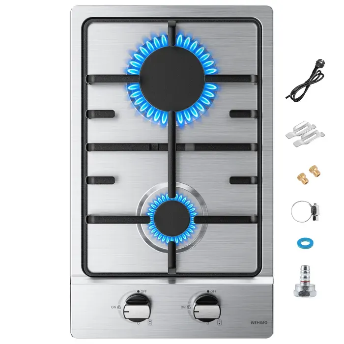 Plaque de Cuisson à Gaz - WEHIMO - 2 Brûleurs - Inox - Allumage par Impulsion - Sécurité Thermocouple