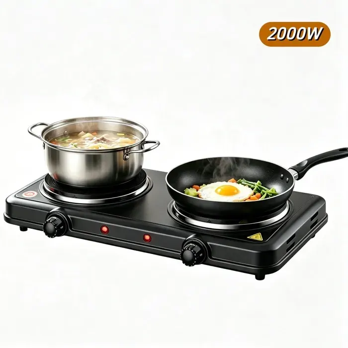 Plaque de cuisson électrique - 2 Feux fonte - Plaque Chauffante 2000 W - 5 réglages de température - Pour maison bureau camping