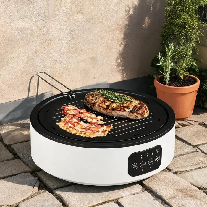 Plaque de cuisson et barbecue 2 en 1 blanche chauffage infrarouge 2000 W design épuré en acier et verre
