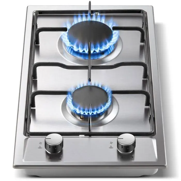 Plaque de Cuisson Gaz 2 Feuxs Inox Sécurité Thermocouple Encastrable Table de Cuisson 30cm Gazs Naturel/Propane 4200W
