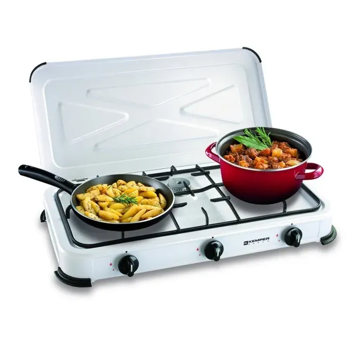 Plaque de cuisson gaz 3 feux portable 3450W Réchaud Camping Blanc Couvercle amovible KEMPER