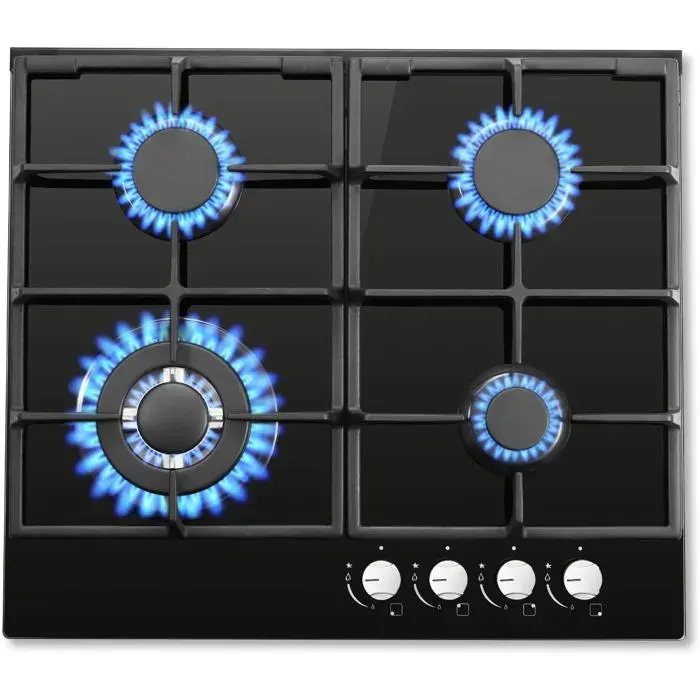 Plaque de cuisson gaz 4 feux encastrable 60 cm 806 kW - sécurité thermocouple verre trempé noir gaz naturel et propane