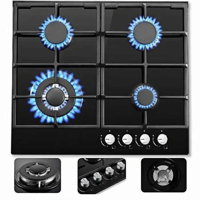 Plaque de Cuisson Gaz 4 feuxPlaque Gaz 8060W EncastrableTable Gaz 4 foyerVerre noirGaz Naturel/Propane