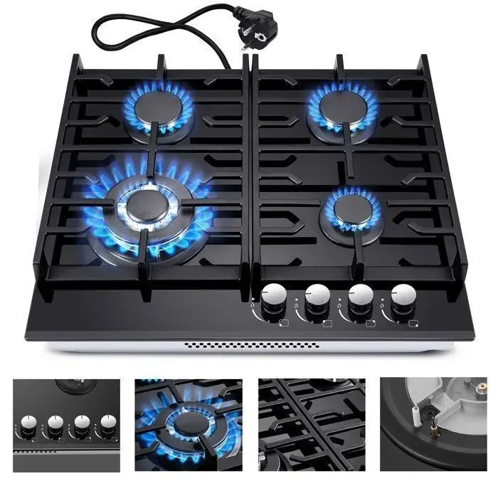 Plaque de cuisson gaz - 8000 W - Table de cuisson gaz encastrable - 4 foyers - Gaz Naturel/Propane - Verre Noir