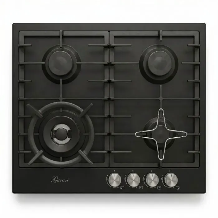 Plaque de cuisson gaz encastrable - GURARI - GCH FB 604 BL - 4 feux - Brûleur Wok 4 kW - Gaz naturel/GPL