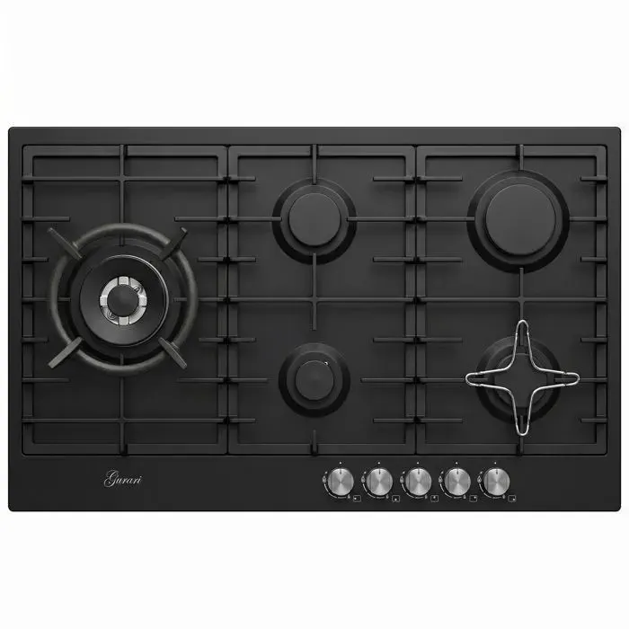 Plaque de cuisson gaz encastrable - GURARI - GCH FB 905 BL - 5 feux - Brûleur Wok 4 kW - Gaz naturel & GPL