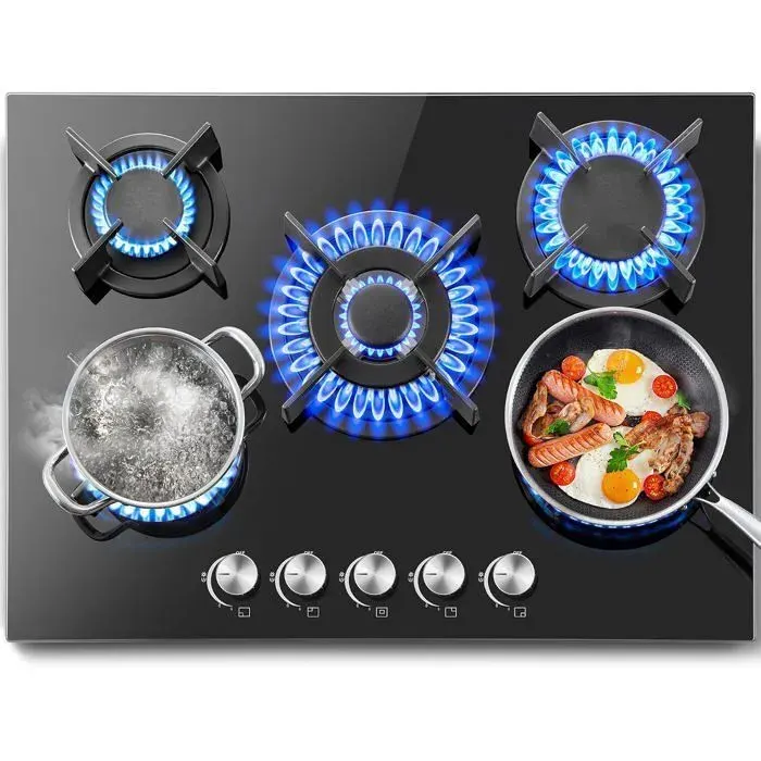 Plaque de cuisson gaz encastrable - JBNIUAY - 70 cm - 5 feux - Verre trempé noir 8 mm - 104 kW