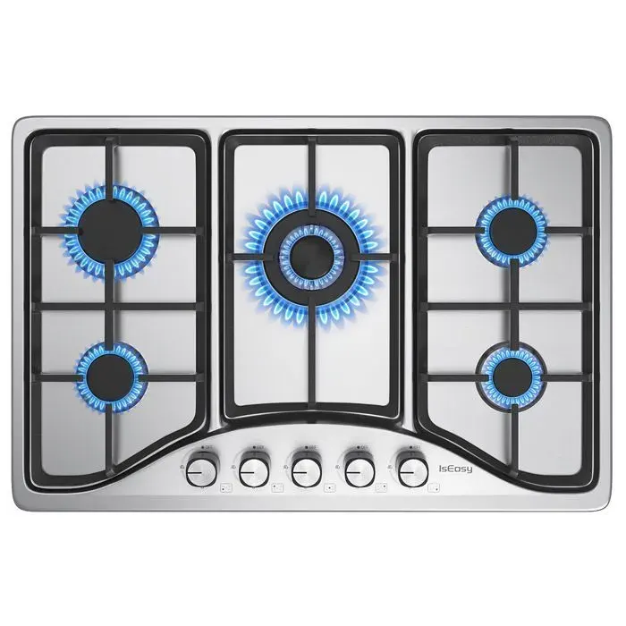 Plaque de Cuisson Gaz - ISEASY - 5 Feux - Inox - Allumage par Impulsion - Sécurité Thermocouple