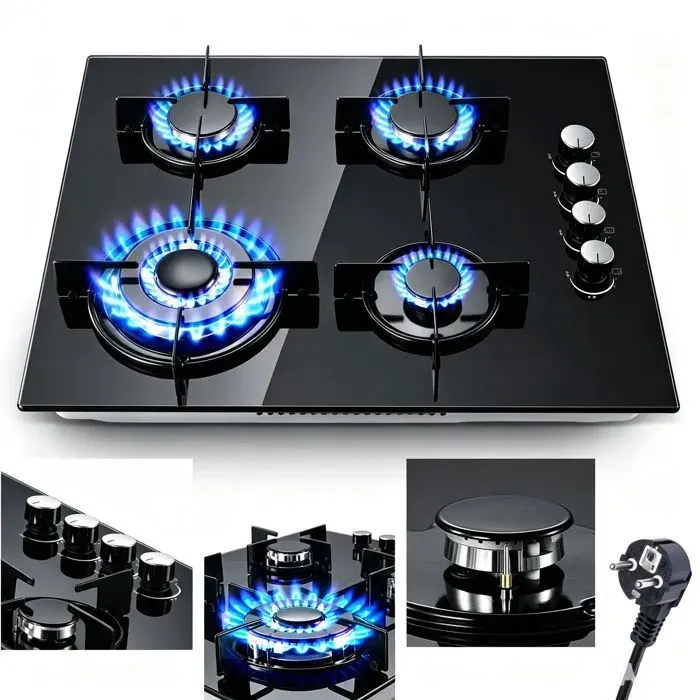 Plaque de cuisson Gaz plaque gaz encastrable 4 foyersTable GazL60 cmGaz Naturel/GPL8000 W Verre Noir