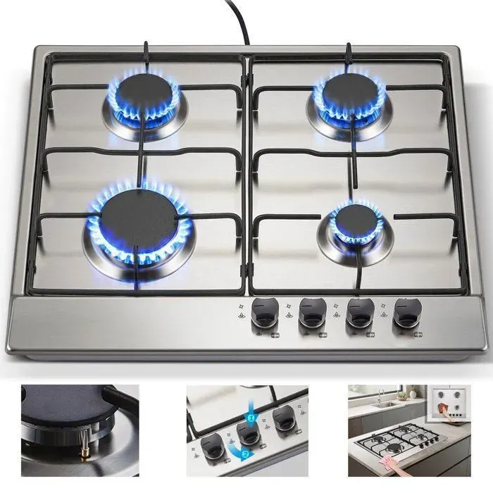 Plaque de Cuisson Gaz Plaque GazInox Sécurité Thermocouple 7060 W4 Feuxs Encastrable Table de Cuisson 60cm