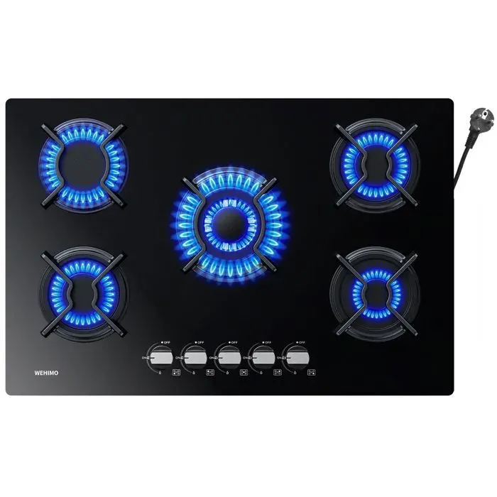 Plaque de cuisson gaz - WEHIMO - 5 feux - Verre trempé 8 mm - Sécurité thermocouple - Noir