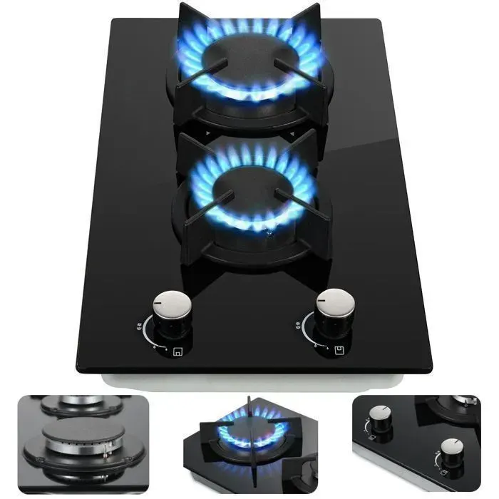 Plaque de cuisson gazTable Gaz2 foyersVerre Trempé4200 WSécurité ThermocoupleGaz Naturel/Propanenoir