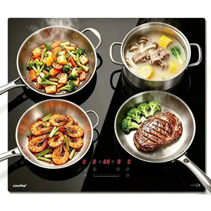 Plaque de cuisson induction COMFEE CIH741F238K0- 4 zones - 7400W - L59 x P52 cm - 4 boosters- 9 Niveaux de Puissance - Noir