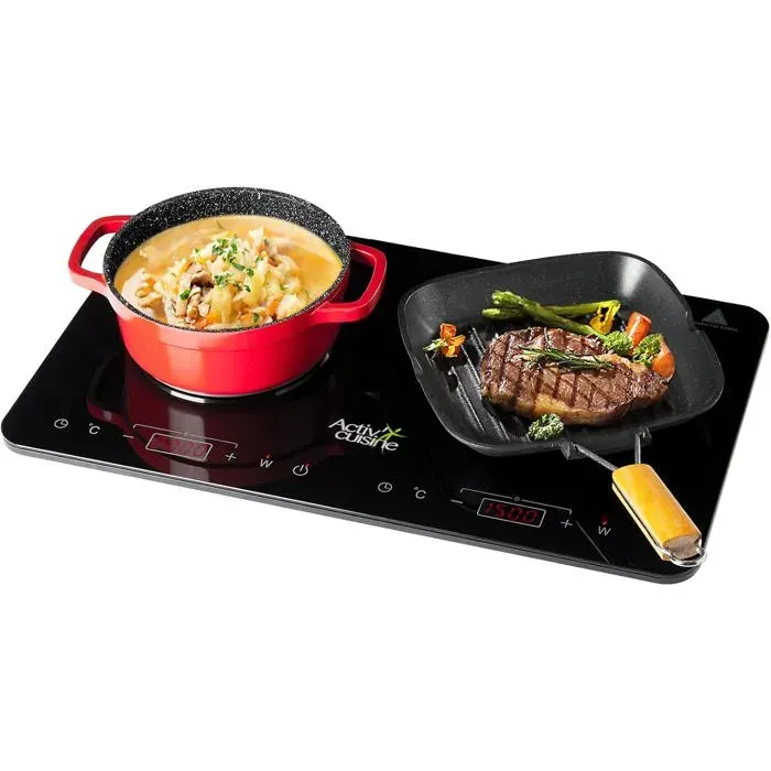 Plaque de cuisson induction portable - CACTOSE - 3500W - 2 zones indépendantes - Verre cristal noir