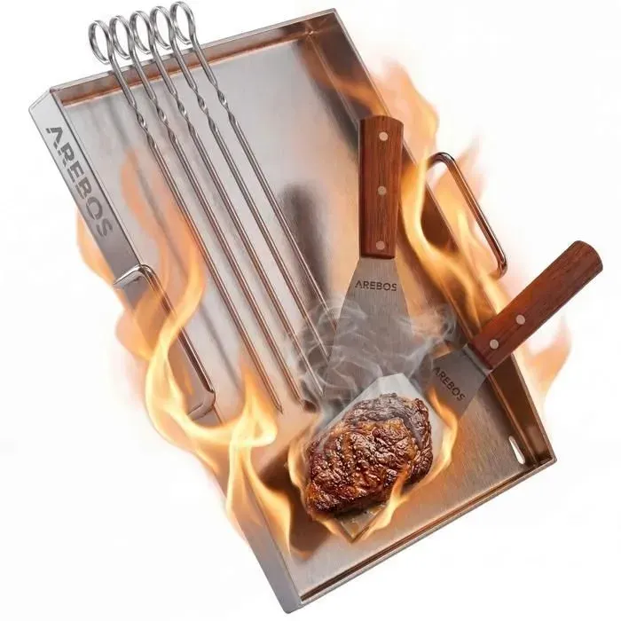 Plaque de cuisson inox - AREBOS - 40x30 cm - 4 mm - Résiste 800°C - Rectangulaire