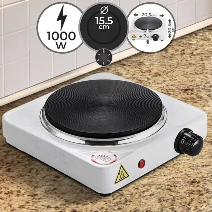 Plaque de Cuisson Jago® - Portable 1000 W Ø 15.5 cm en Acier Blanc