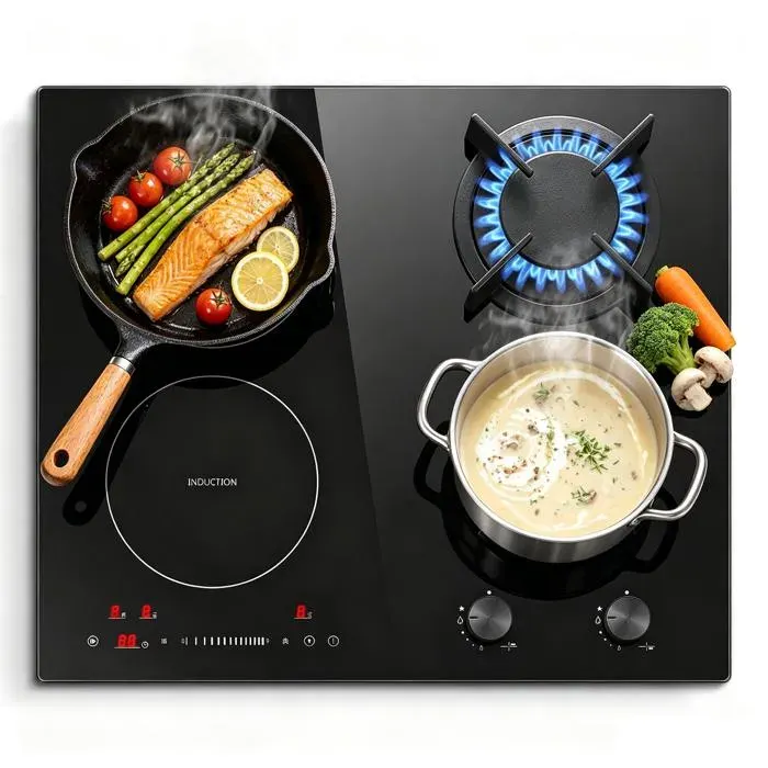 Plaque de cuisson mixtePlaque de cuisson 4 FoyersL59 cm avec prisePlaque Gaz 3400 WPlaque Induction 4100WSécurité Enfant