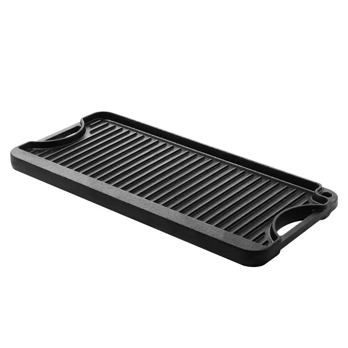 Plaque de Cuisson Réversible - DUOKU - 492x218 mm - Fonte - Portable - Poignée Noire