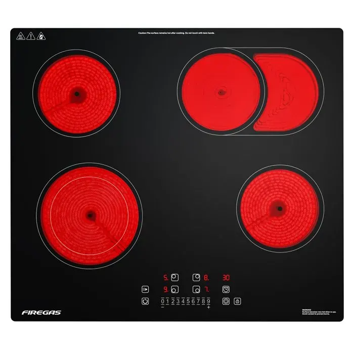 Plaque de Cuisson Vitrocéramique FIREGAS - 4 zones 7200W - L59 x P52 cm - Noir