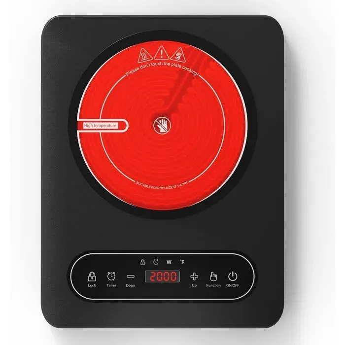 Plaque de cuisson vitrocéramique - LEHRING - 2000W - 10 niveaux de puissance - Minuterie intégrée