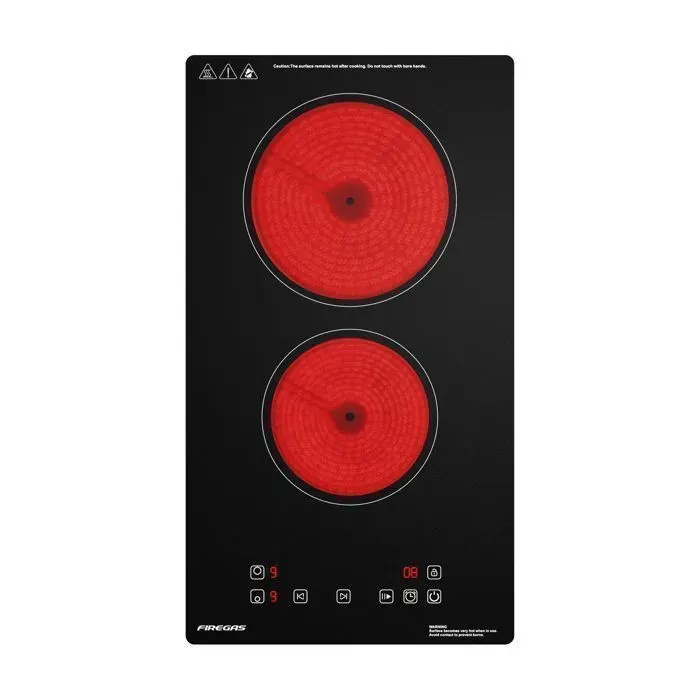 Plaque de Cuisson Vitrocéramique Noir FIREGAS 2 foyers 3000W 9 niveaux minuterie 1-99 min compatible tous feux