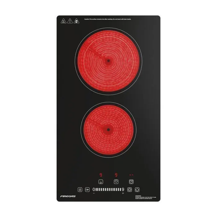 Plaque de Cuisson Vitrocéramique Noir FIREGAS 2 foyers 3400W 9 niveaux minuterie 1-99 min compatible tous feux