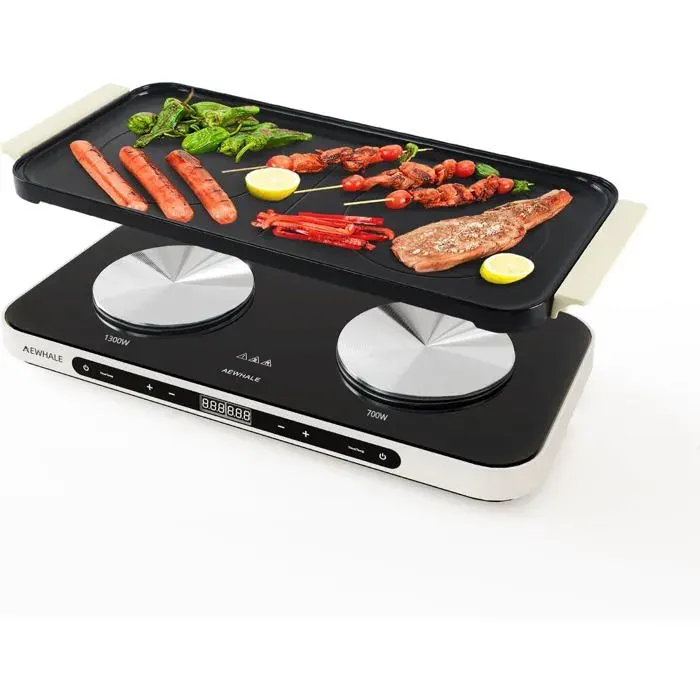 Plaque Electrique 2 Feux Réglage Température + Minuterie Plaque De Cuisson Électrique 1300W+700W Revêtement Antiadhésif[AA311]