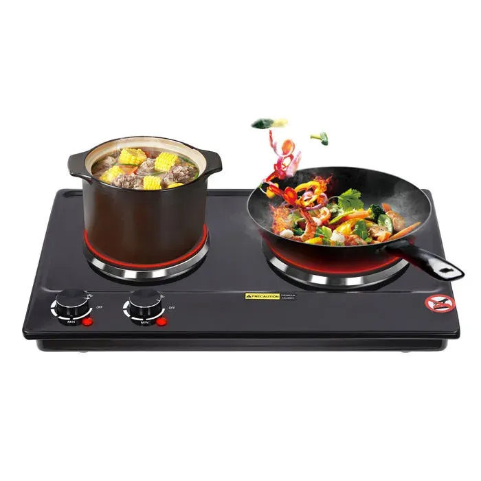 Plaque électrique double de 2500 W avec 6 réglages de température pour camping portable avec 2 éléments de chauffage