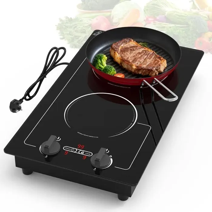 Plaque Induction 2 Feux220V 3000W Avec Écran Tactile Led9 Niveaux De PuissanceSécurité Enfant Et MinuterieProtection Contre La