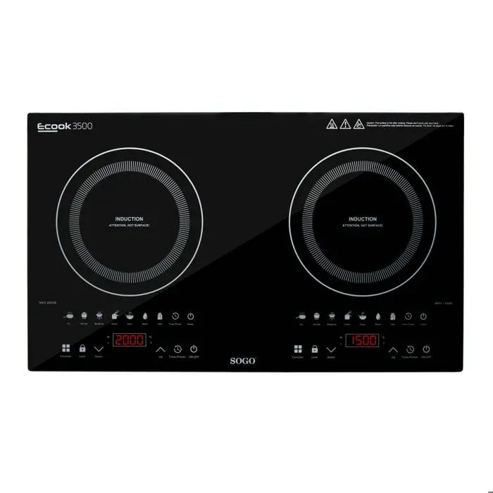 Plaque induction double feu portable commande tactile minuterie 7 menus surfaces 30 cm puissances 1500 W et 2000 W