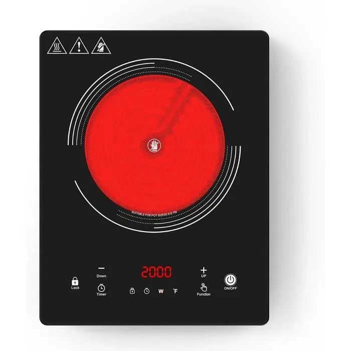Plaque Vitrocéramique 1 Feu 220V 2000WCommande Tactile LED10 Niveaux De PuissanceMinuterie 4HSécurité