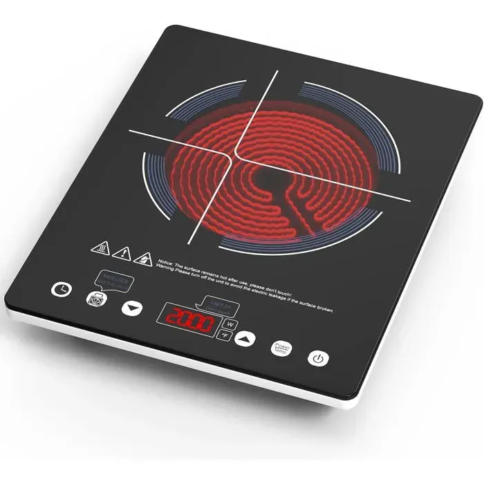 Plaque Vitrocéramique 1 Feu 220V 2000WCommande Tactile LED10 Niveaux De PuissanceVerrouillage EnfantMinuterie