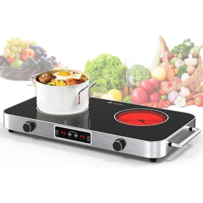 Plaque Vitrocéramique 2 Feux 2200W Réchaud Électrique Portable 48Cm Contrôle Tactile Et Molette 9 Niveaux De Puissance Compatib