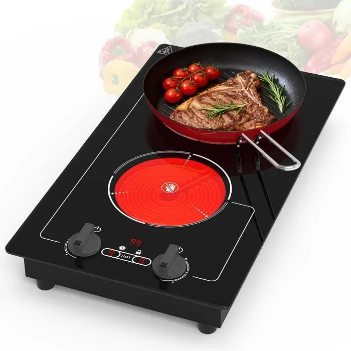 Plaque Vitrocéramique 2 Feux 220V 3000W Avec Prise9 NiveauxSécurité EnfantMinuterieProtection SurchauffeCommande Tactile