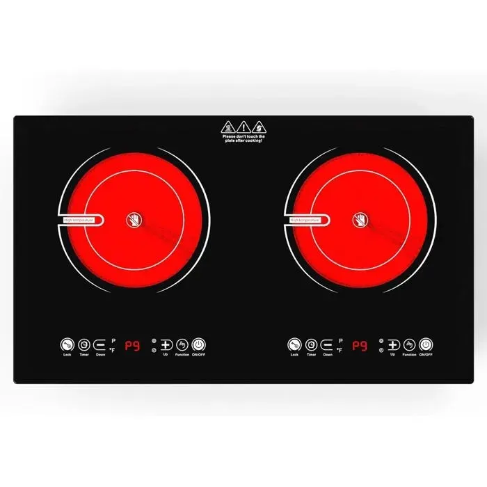 Plaque Vitrocéramique 2 Feux 220V 3600WCommande Tactile9 Niveaux De ChauffageMinuterieSécurité EnfantEncastrable Ou À Poser